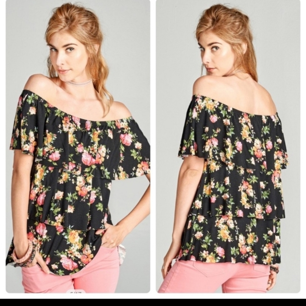 ODDY Floral Black Offshoulder Top New - Picture 5 of 7